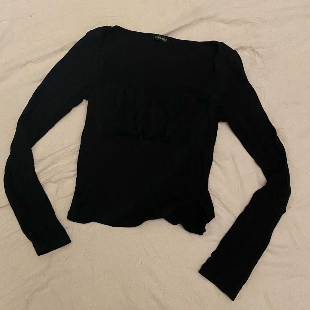 Black shirt with ruching in the bust.